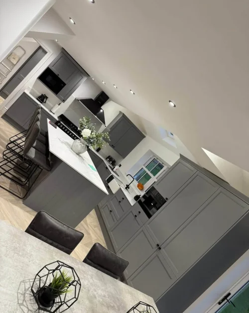 Full kitchen installation in Wales - worktops, units and flooring
